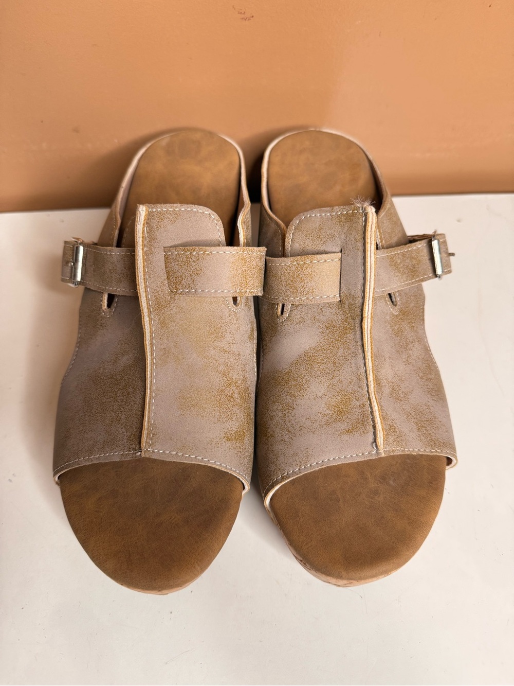 Women's Taupe Open-Toe Slide Mules with Buckle Accent